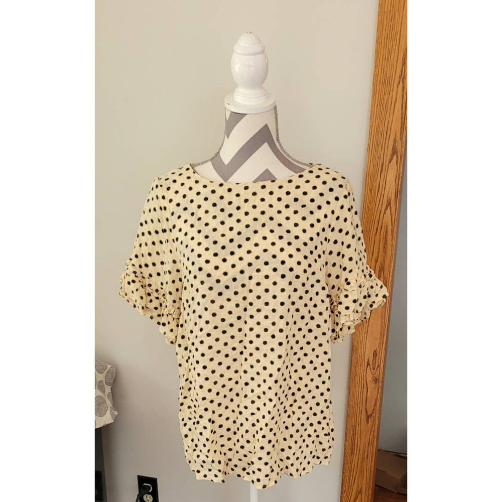 Ott Polka Dot Flounce Ruffle Sleeve Cotton Blend Blouse Medium
